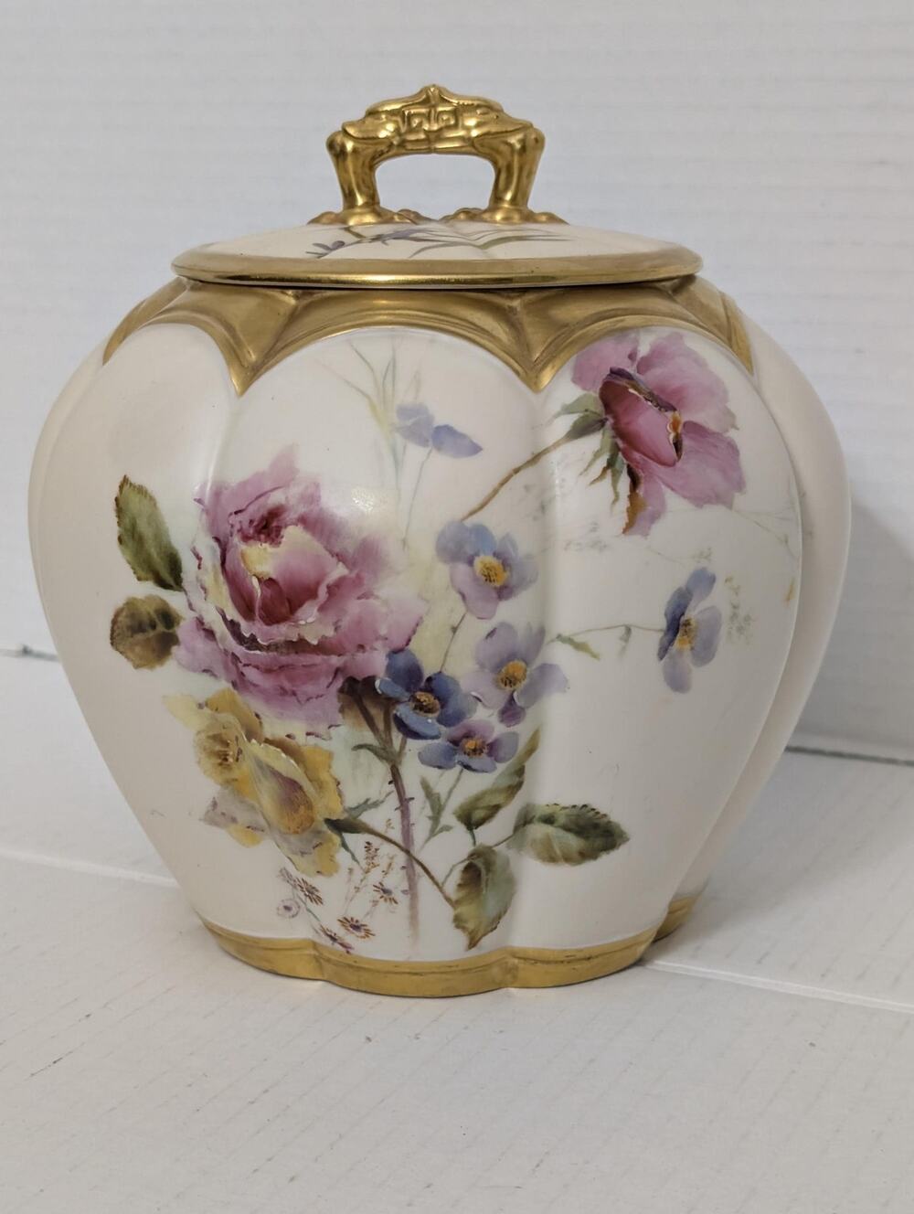 Antique Royal Worcester Floral Biscuit Barrel Jar Shape 1412 Gold Trim